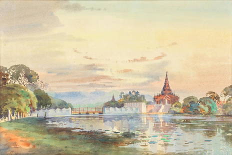 M Thein Pe (Burmese, active circa 1920-circa 1930) A set of two views of the Mandalay Palace Moat.: M Thein Pe (Burmese, active circa 1920-circa 1930) A set of two views of the Mandalay Palace Moat one signed and indistinctly dated 'MsTheinPe/19..' (lower right), the other indistinctly signed and da