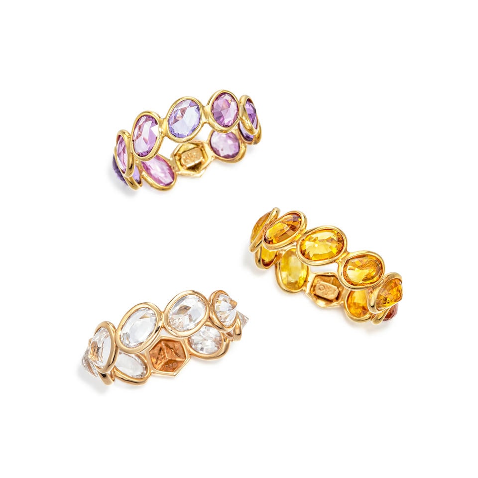 PAOLO COSTAGLI: THREE MULTI-COLOURED SAPPHIRE ETERNITY RINGS (3): PAOLO COSTAGLI: THREE MULTI-COLOURED SAPPHIRE ETERNITY RINGS Paolo Costagli：彩色剛玉戒指三枚 Coloured sapphires: approx. 13.00cts Signature: sign