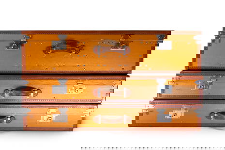 A matching set of fitted automobile luggage by Moynat of Paris,: A matching set of fitted automobile luggage by Moynat of Paris, French, circa mid-20th century, rare matching set of custom-fitted automobile luggage by the esteemed Parisian trunk-maker Moynat, known
