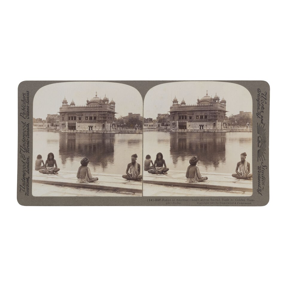 A group of seven photographs depicting Lahore and Amritsar One by Samuel Bourne, late 19th/early...: A group of seven photographs depicting Lahore and Amritsar One by Samuel Bourne, late 19th/early 20th Century comprising: two double stereoscopic views of the Golden Temple with pilgrims, albumen silv