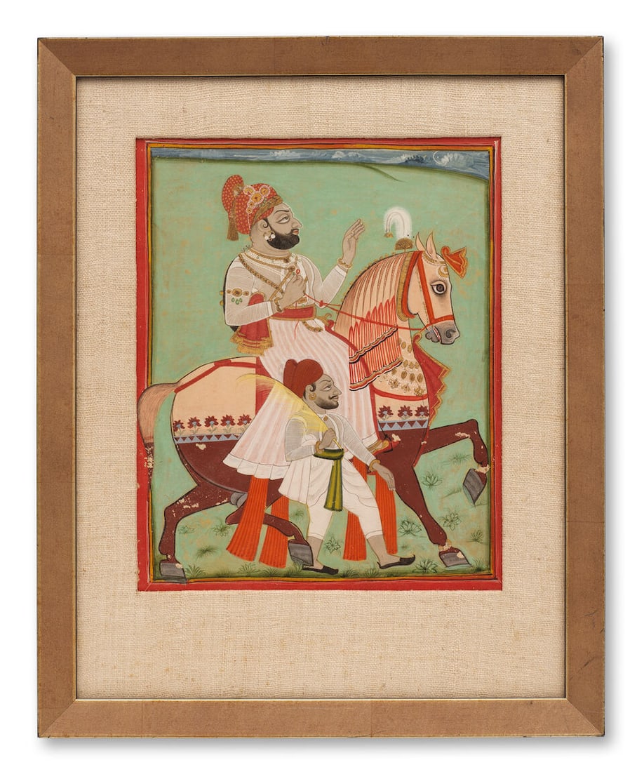 A thakur on horseback with an attendant on foot Rajasthan, probably Mewar, early 19th Century: A thakur on horseback with an attendant on foot Rajasthan, probably Mewar, early 19th Century gouache and gold on paper, yellow and red borders 255 x 205 mm. Footnotes: Provenance Private UK collectio