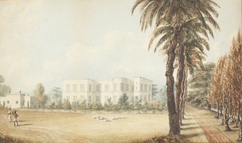 A view of the indigo factory at Cossimpore, near Calcutta, Bengal British School in India, dated...: A view of the indigo factory at Cossimpore, near Calcutta, Bengal British School in India, dated 1846 watercolour on paper, inscribed Cossimpore/Bengal/1846 lower left, backboard with biographical not