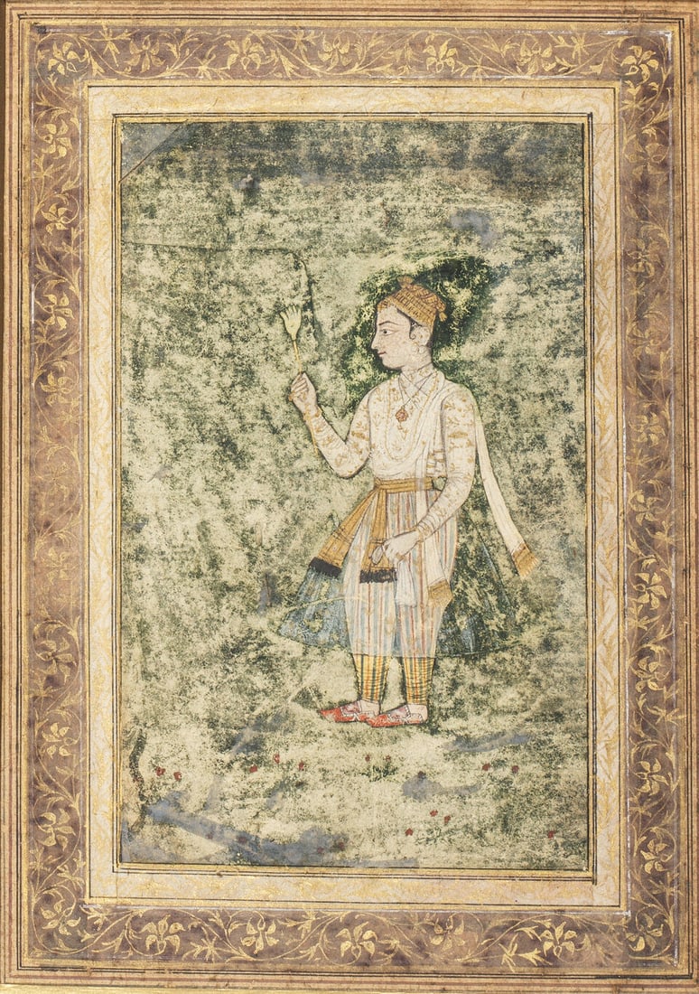 A nobleman holding a lotus wand Deccan, 18th Century: A nobleman holding a lotus wand Deccan, 18th Century gouache and gold on paper, gold floral inner borders, later outer borders 253 x 187 mm. Footnotes: Provenance Private UK collection. Lot to be sold