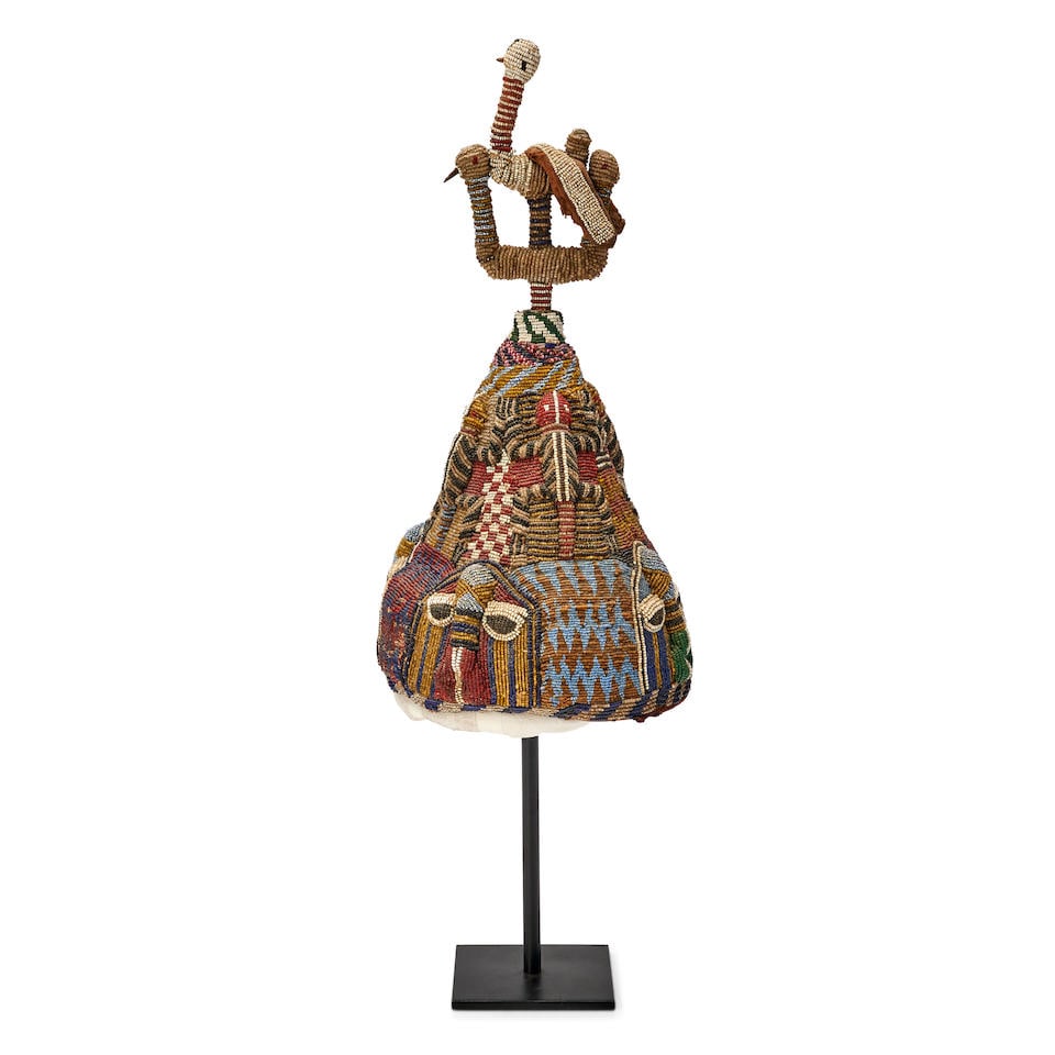 YORUBA BEADED HEADDRESS ht. 17, wd. 7 3/4 in. (1 of 2)