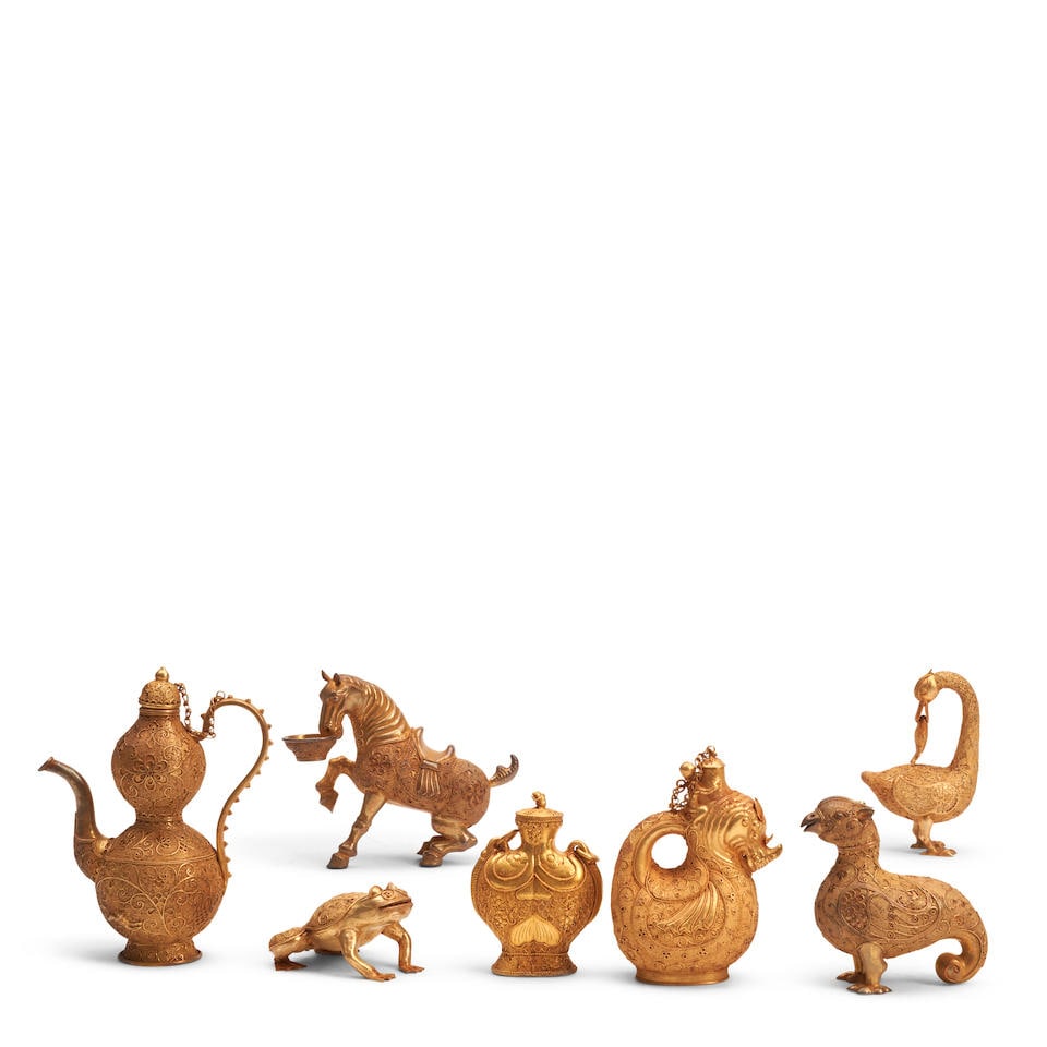 A GROUP OF SEVEN CHINESE CONTEMPORARY FIGURAL METAL DECORATIVE OBJECTS AND VESSELS (7): A GROUP OF SEVEN CHINESE CONTEMPORARY FIGURAL METAL DECORATIVE OBJECTS AND VESSELS 1 5/8in (4.1cm) to 6 1/4in (15.8cm) high (7). Footnotes: OVERALL CONDITION: Surface grime; some minor surface wear. T