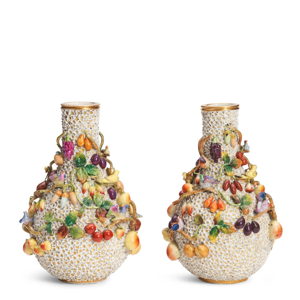 PAIR OF JACOB PETIT MEISSEN-STYLE SCHNEEBALLEN PORCELAIN BOTTLE VASES France, 19th century: PAIR OF JACOB PETIT MEISSEN-STYLE SCHNEEBALLEN PORCELAIN BOTTLE VASES France, 19th century each marked 'JP' to the base, ht. 11 1/8, wd. 6in. Footnotes: OVERALL CONDITION: Surface grime; chips to the