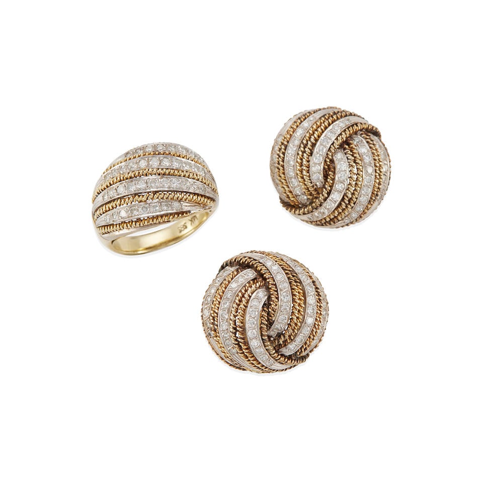 SET OF 14K GOLD AND DIAMOND JEWELRY: SET OF 14K GOLD AND DIAMOND JEWELRY • 1 14k yellow and white gold ring, with numerous single-cut diamonds weighing approximately 0.60 carat total, size 6 • 1 pair of 14k yellow and white g