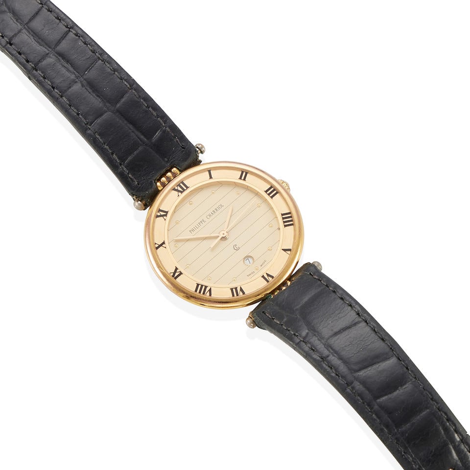 PHILIPPE CHARRIOL: GOLD-PLATED WRISTWATCH: PHILIPPE CHARRIOL: GOLD-PLATED WRISTWATCH • Gold-plated base metal • Dial signed Philippe Charriol • Quartz movement, currently not working • Round dial with Roman numeral hour