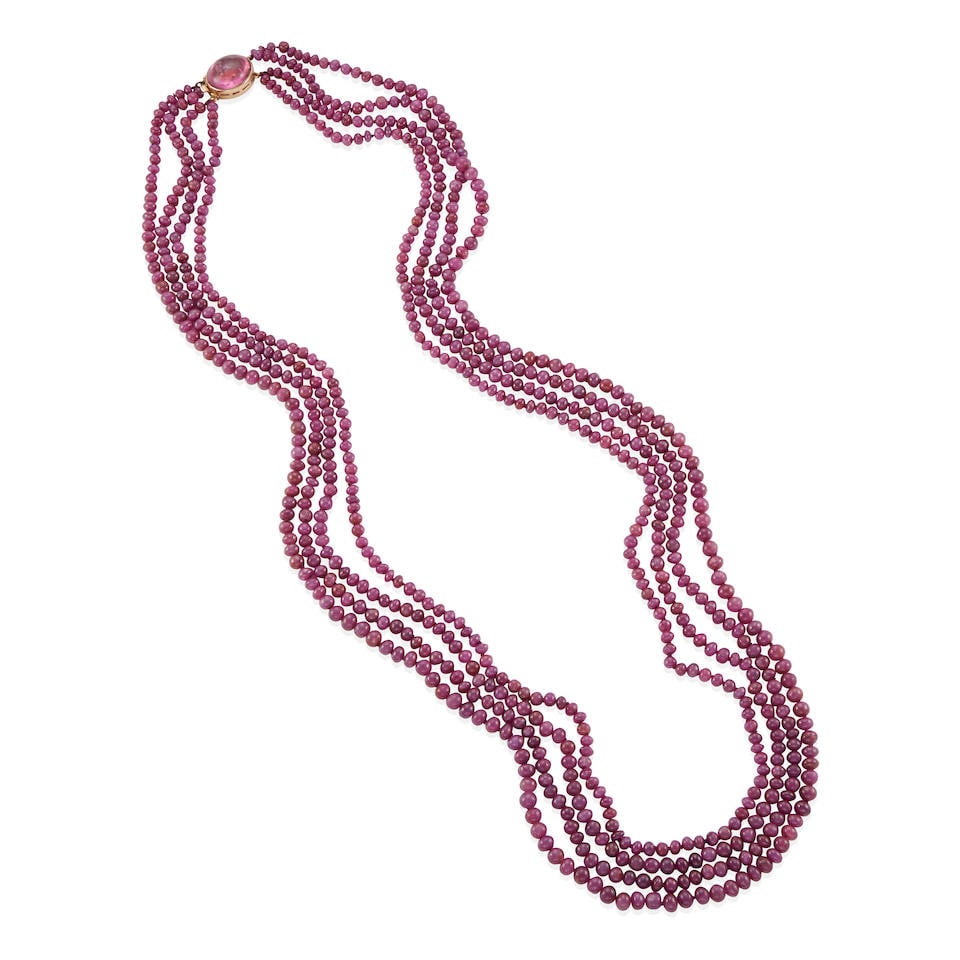 GUMPS: 14K GOLD, PINK TOURMALINE AND RUBY BEAD NECKLACE (1 of 2)