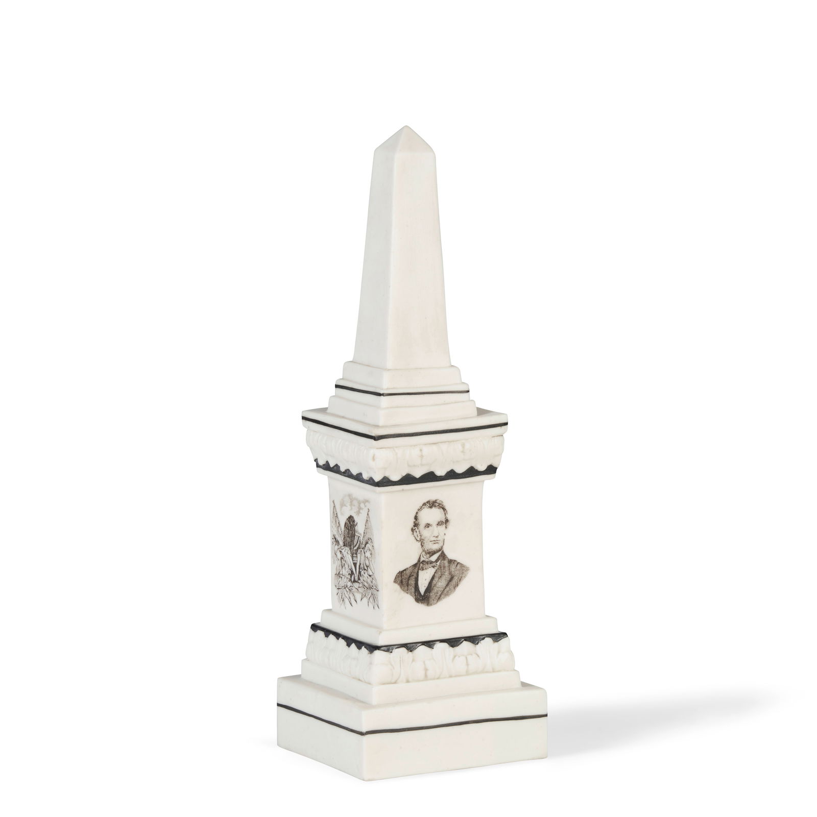 Parianware Memorial Obelisk to Lincoln United States, c. 1865: Parianware Memorial Obelisk to Lincoln United States, c. 1865 Hollow-molded bisque fired porcelain with transfer-printed engravings on four sides of square plinth, including portrait of Abraham Lincol