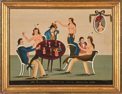 RALPH EUGENE CAHOON (1910-1982) Sailors Revelling with Harlots: RALPH EUGENE CAHOON (1910-1982) Sailors Revelling with Harlots signed 'R. Cahoon Pinxt' at lower right oil on Masonite, in giltwood frame 17 3/4 x 23 3/4 in. framed 21 x 27 in. Footnotes: