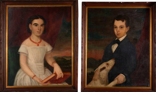 John Toole (Irish-American, 1815-1860) A Pair of Sibling Portraits: Thomas and Nellie Cosby, Alb...: John Toole (Irish-American, 1815-1860) A Pair of Sibling Portraits: Thomas and Nellie Cosby, Albemarle County, Virginia, c. 1850 unsigned oil on canvas, trimmed and adhered to cardboard, in later fram