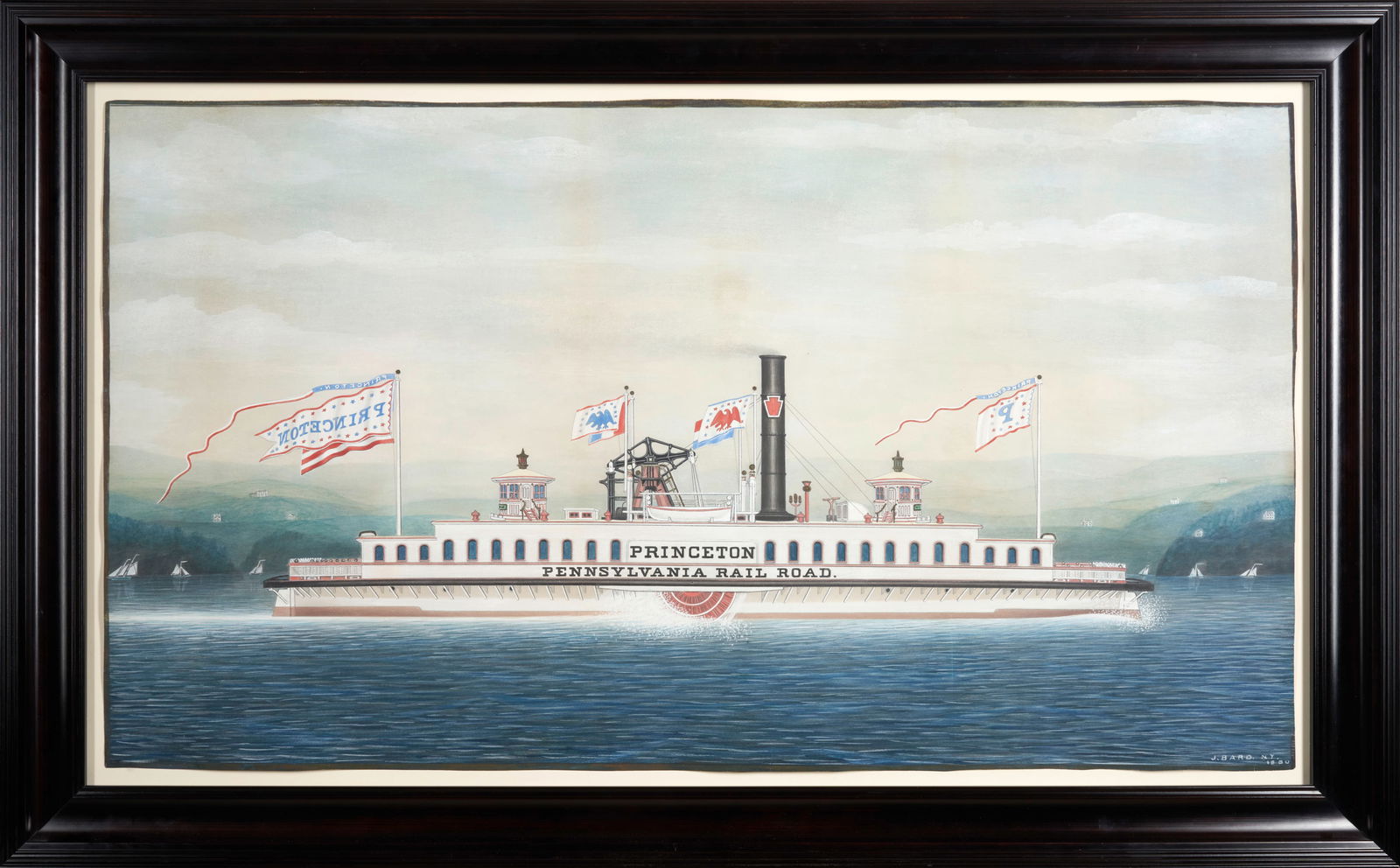 JAMES BARD (American, 1815-1897) The Steamboat Ferry Princeton, 1880: JAMES BARD (American, 1815-1897) The Steamboat Ferry Princeton, 1880 signed 'J. BARD. NY. / 1880' at lower right; retains gallery labels of Hirschl & Adler and the Dietrich Collections on reverse penc