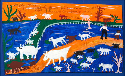 SISTER GERTRUDE MORGAN (1900-1980) John 10:14: SISTER GERTRUDE MORGAN (1900-1980) John 10:14 signed 'SISTER GERTRUDE / MORGAN.' at lower left acrylic and ballpoint pen on cardstock, float-mounted in later frame under museum glass 7 1/2 x 12 1/2 in