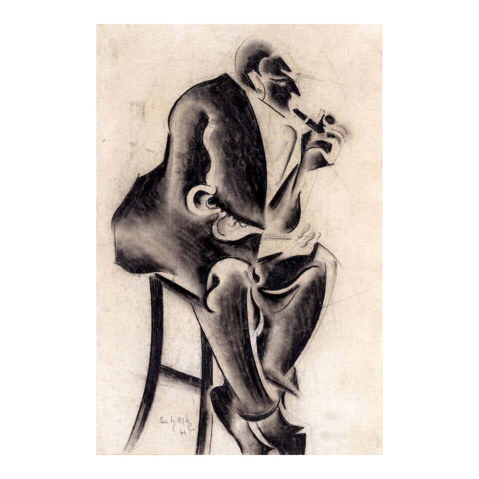 HUGÓ SCHEIBER (1873-1950) Pipás ember (Executed circa 1915): HUGÓ SCHEIBER (1873-1950) Pipás ember signed 'Scheiber H' (lower left) charcoal, black crayon and black pencil on paper 64 x 46cm (25 3/16 x 18 1/8in). Executed circa 1915 Footnotes: Provena