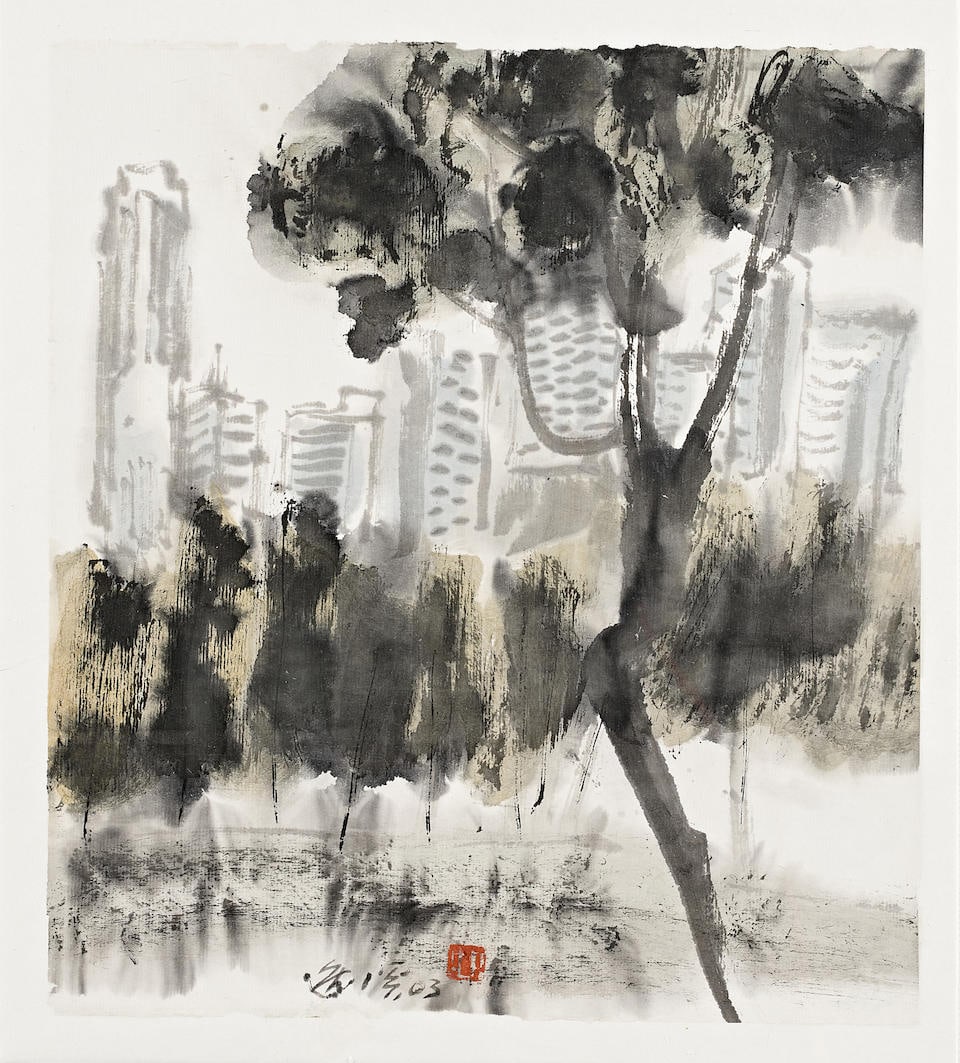 Chua Ek Kay (Singaporean, 1947-2008) View of the Singapore City: Chua Ek Kay (Singaporean, 1947-2008) View of the Singapore City 2003 signed in Chinese and dated 03, with one seal of the artist (lower centre) ink on paper laid on board 29 x 26 cm (11 3/8 x 10 1/4 i