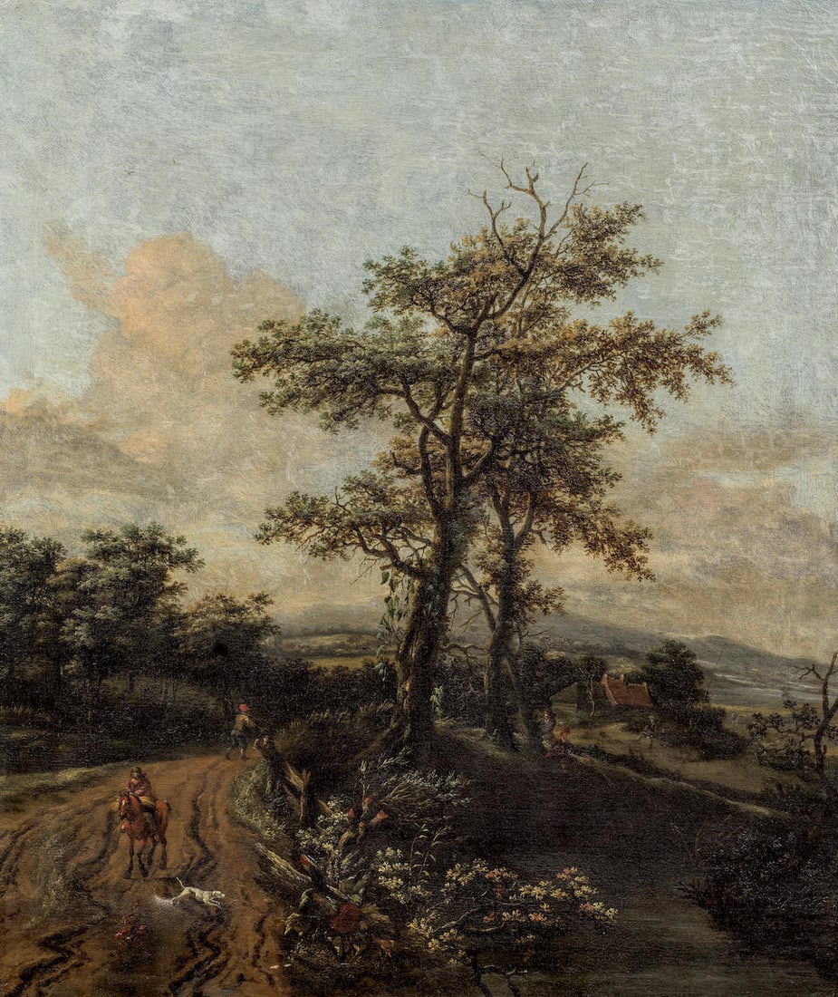 Circle of Jan Wijnants (Haarlem circa 1635-1684 Amsterdam) Figures resting and travelling on a c...: Circle of Jan Wijnants (Haarlem circa 1635-1684 Amsterdam) Figures resting and travelling on a country path bears indistinct signature and date '**y*an**F.167*' (lower left) oil on canvas 70 x 57.9cm