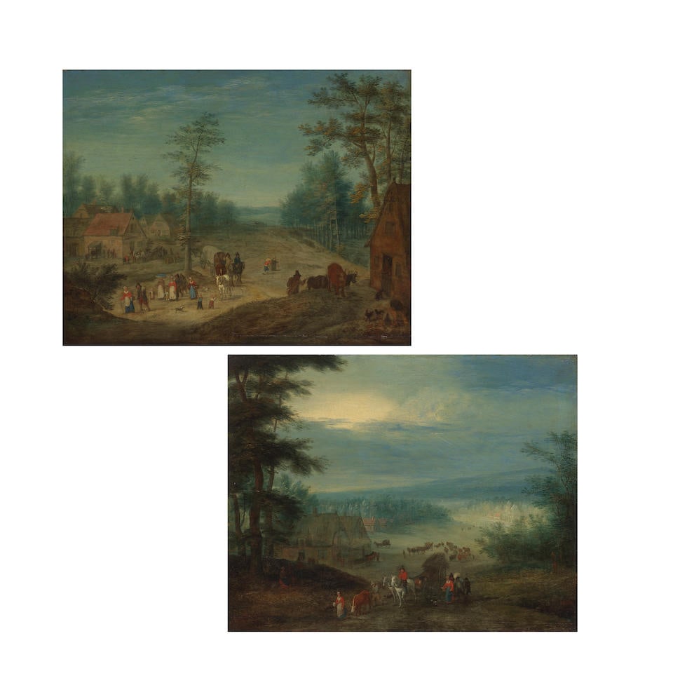 Follower of Jan Brueghel the Younger (Antwerp 1601-1678) A village with figures and waggons befo...: Follower of Jan Brueghel the Younger (Antwerp 1601-1678) A village with figures and waggons before a landscape; and An extensive wooded landscape with figures on a country path a pair, oil on panel 23