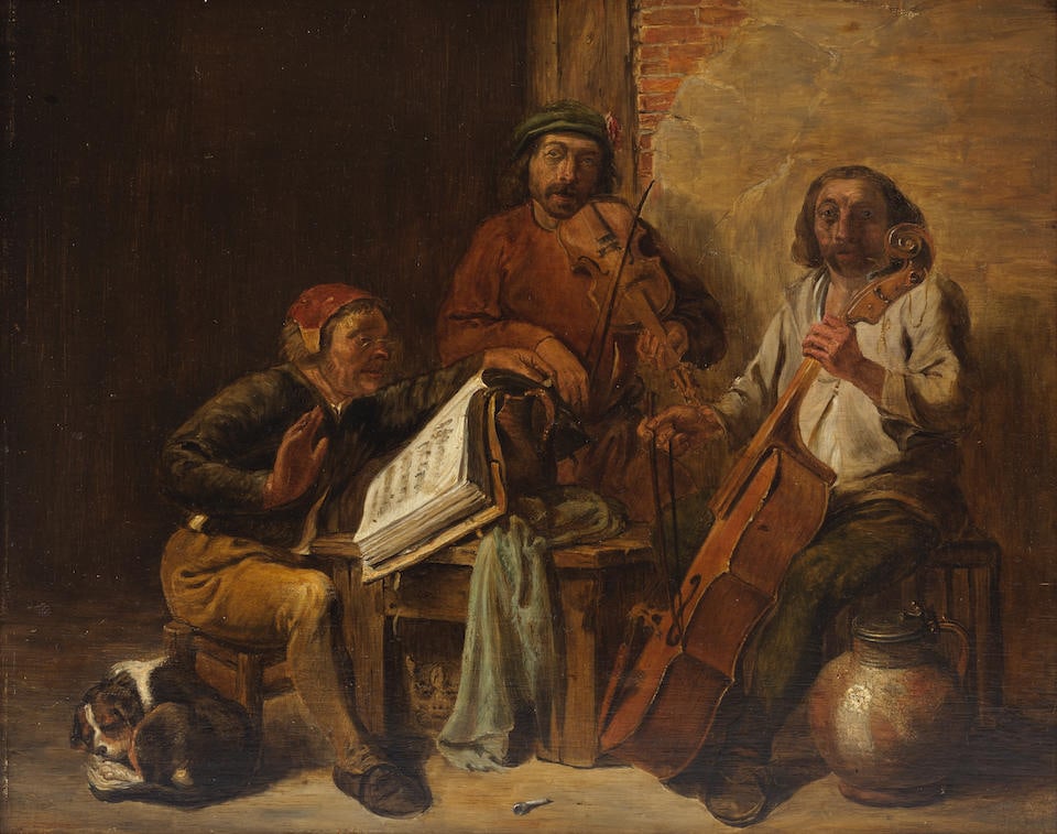 Cornelis Saftleven (Gorkum 1607-1681 Rotterdam) Musicians in an interior framed: 40.5 x 48cm: Cornelis Saftleven (Gorkum 1607-1681 Rotterdam) Musicians in an interior remains of a monogram (lower left) oil on panel 31.7 x 39.1cm (12 1/2 x 15 3/8in). framed: 40.5 x 48cm Footnotes: Provenance
