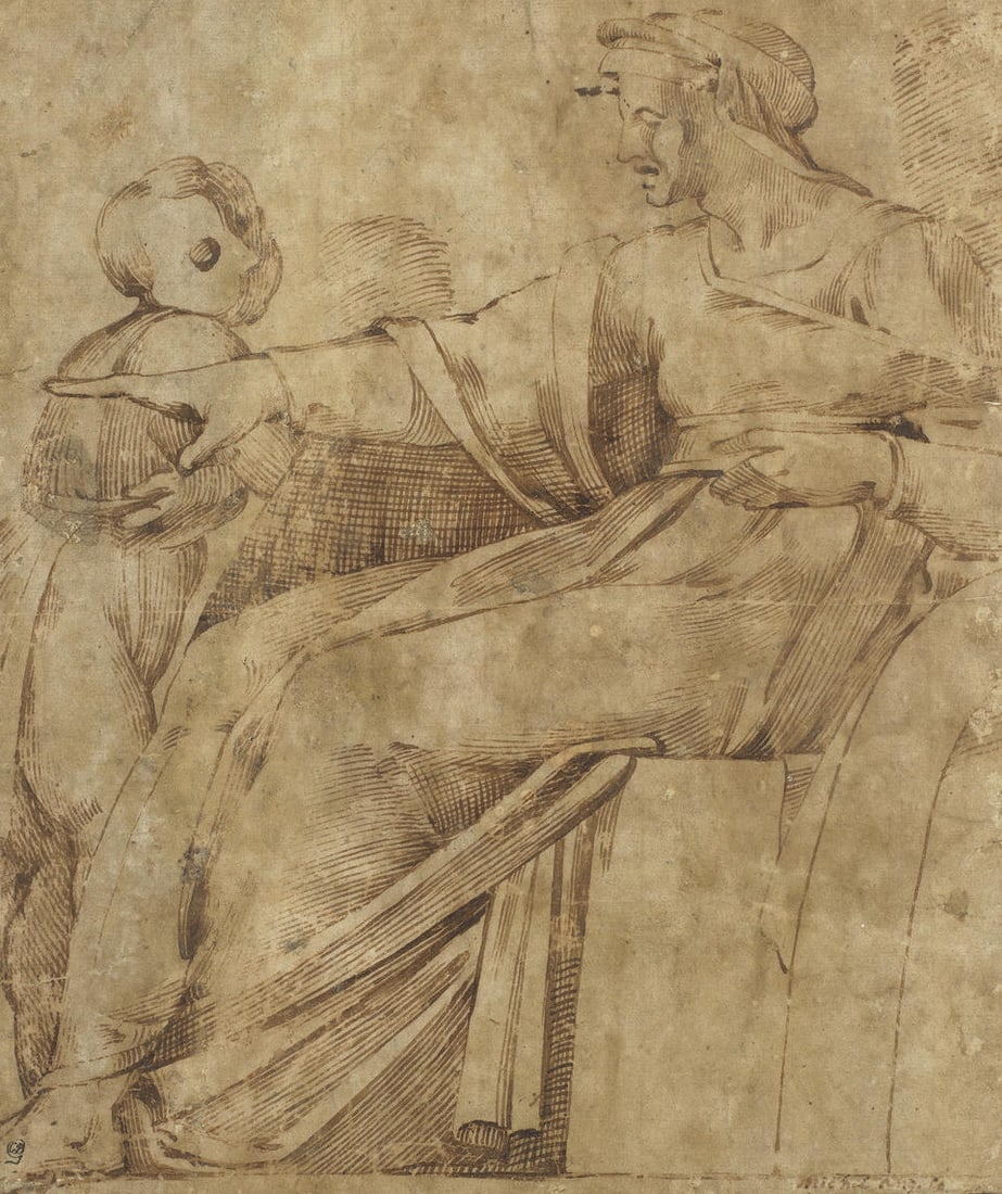 Circle of Bartolomeo Passarotti (Bologna 1529-1592), After Michelangelo Figures from the lunette...: Circle of Bartolomeo Passarotti (Bologna 1529-1592), After Michelangelo Figures from the lunette of Azor and Zadok on the ceiling of the Sistine Chapel bears inscription 'Michelangelo' (lower right) p