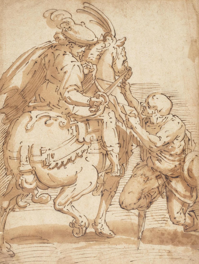 Follower of Luca Cambiaso (Moneglia 1527-1585 Madrid), 17th Century St Martin dividing his cloak...: Follower of Luca Cambiaso (Moneglia 1527-1585 Madrid), 17th Century St Martin dividing his cloak with a beggar pen, brown ink and wash over traces of black chalk on laid paper, slightly irregular shap