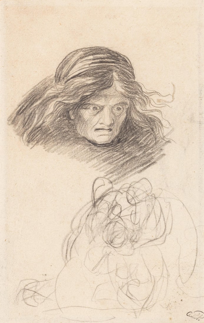 George Romney (Beckside 1734-1802 Kendal) Study for classical scene, possibly Canidia and the Yo...: George Romney (Beckside 1734-1802 Kendal) Study for classical scene, possibly Canidia and the Youth pencil on laid paper 20.3 x 12.7cm (8 x 5in). framed: 43.5 x 37.9cm Footnotes: Provenance Collect