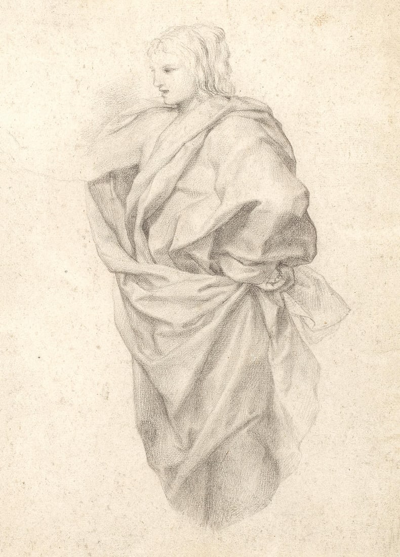 Anton Raphael Mengs (Aussig 1728-1779 Rome) Study for Janus framed: 60.2 x 45.5cm: Anton Raphael Mengs (Aussig 1728-1779 Rome) Study for Janus black chalk on laid paper, watermark fleur-de-lis within a circle, surmounted by a crown and a cross (?) 28.2 x 21.9cm (11 1/8 x 8 5/8in). f