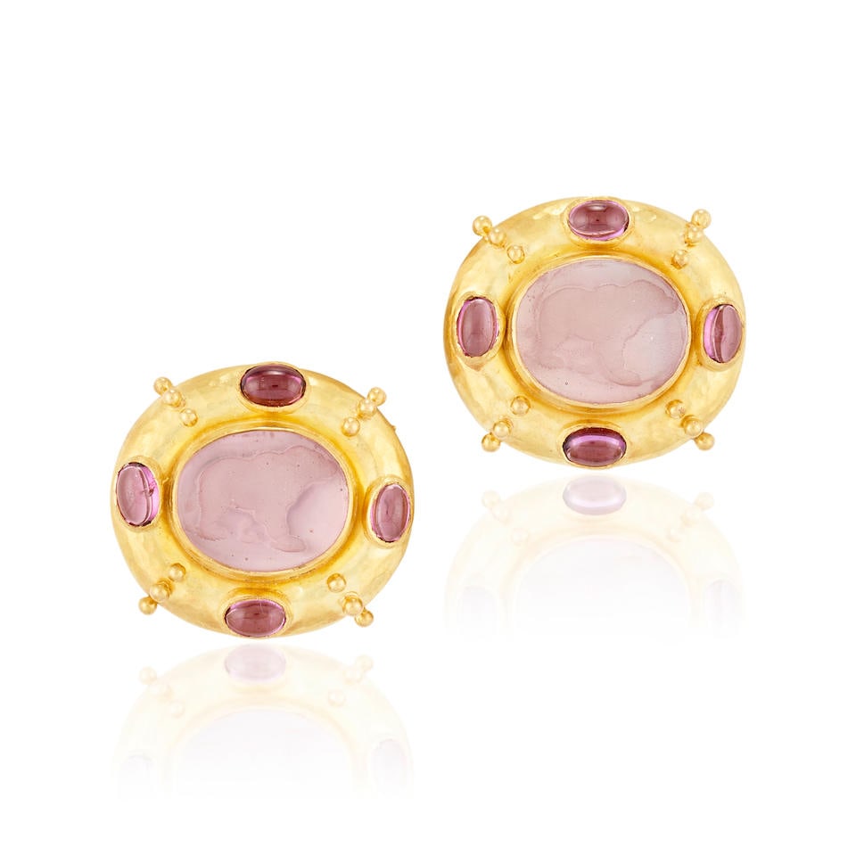 ELIZABETH LOCKE: A PAIR OF 18K GOLD, VENETIAN GLASS INTAGLIO, AND PINK TOURMALINE EARRINGS (1 of 4)