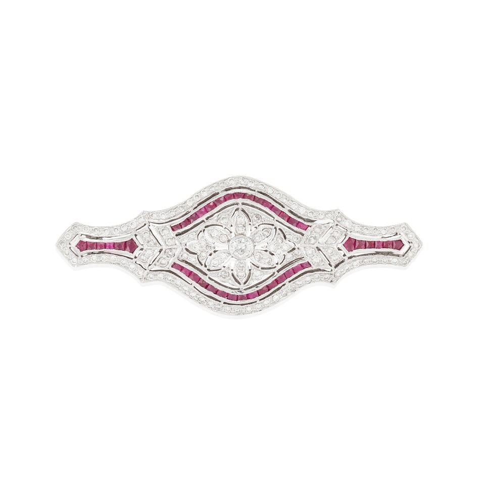 AN 18K WHITE GOLD, RUBY, AND DIAMOND BROOCH (1 of 2)