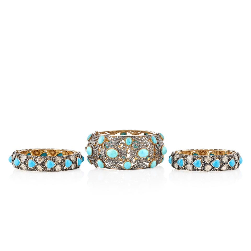 THREE SILVER AND DIAMOND BANGLE BRACELETS, INDIA (1 of 4)
