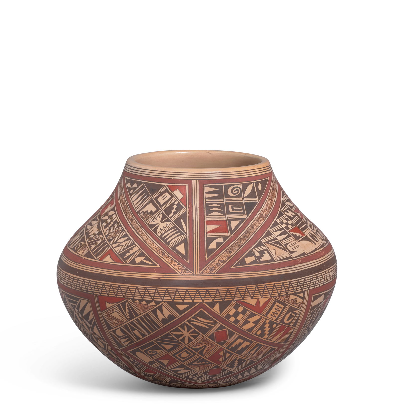 A Rondina Huma polychrome pottery jar: Rondina Huma Hopi-Tewa, (b. 1947), a polychrome pottery jar, densely decorated with geometric designs, lightly signed on the underside: Rondina Huma / Tewa / Polacca, AZ. height 6in, diameter 7 1/4in