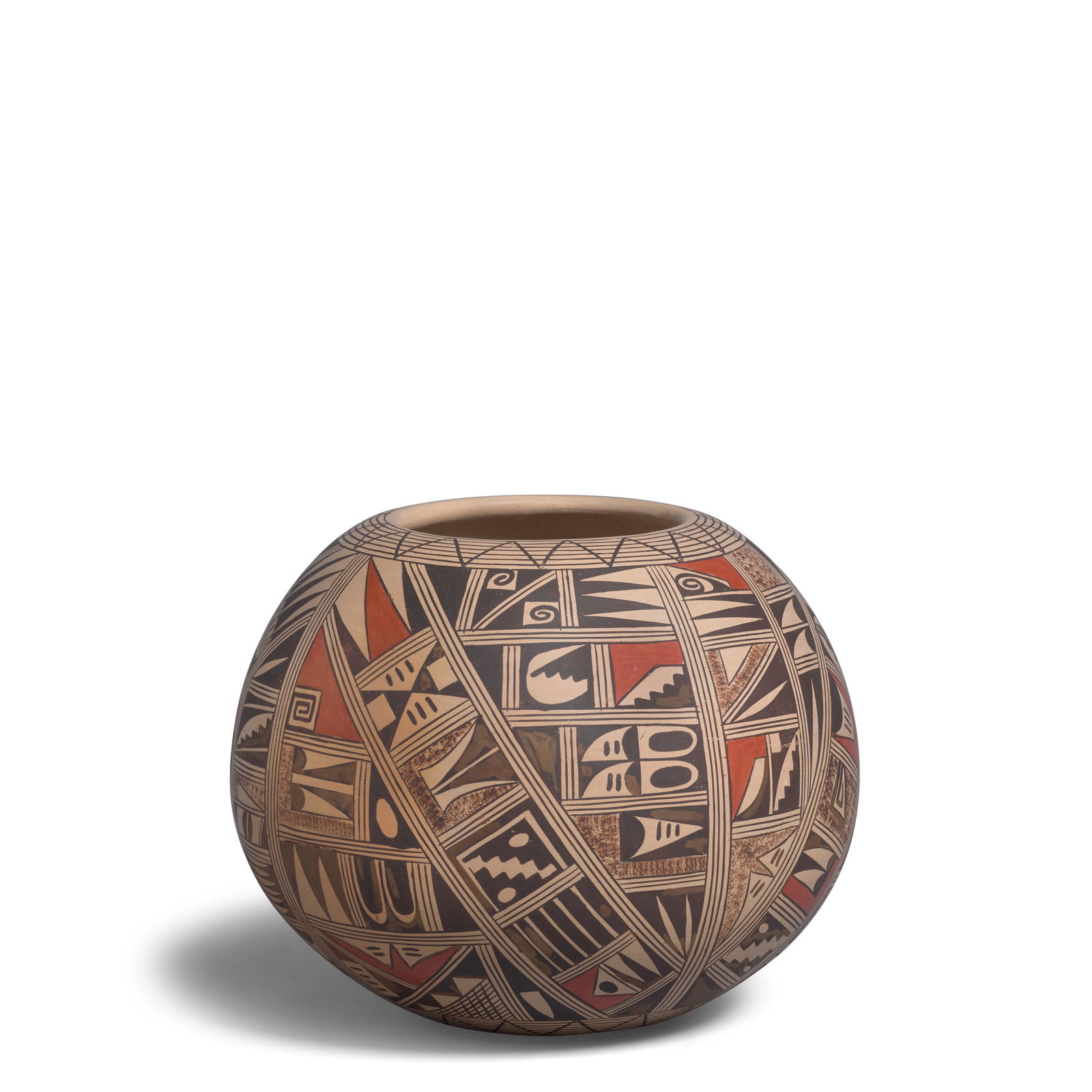 A Rondina Huma polychrome pottery jar: Rondina Huma Hopi-Tewa, (b. 1947), a polychrome pottery jar, of rounded shape, densely decorated with geometric designs, signed on the underside: Rondina / Huma / Tewa / Polacca, AZ. height 4 1/2in, d