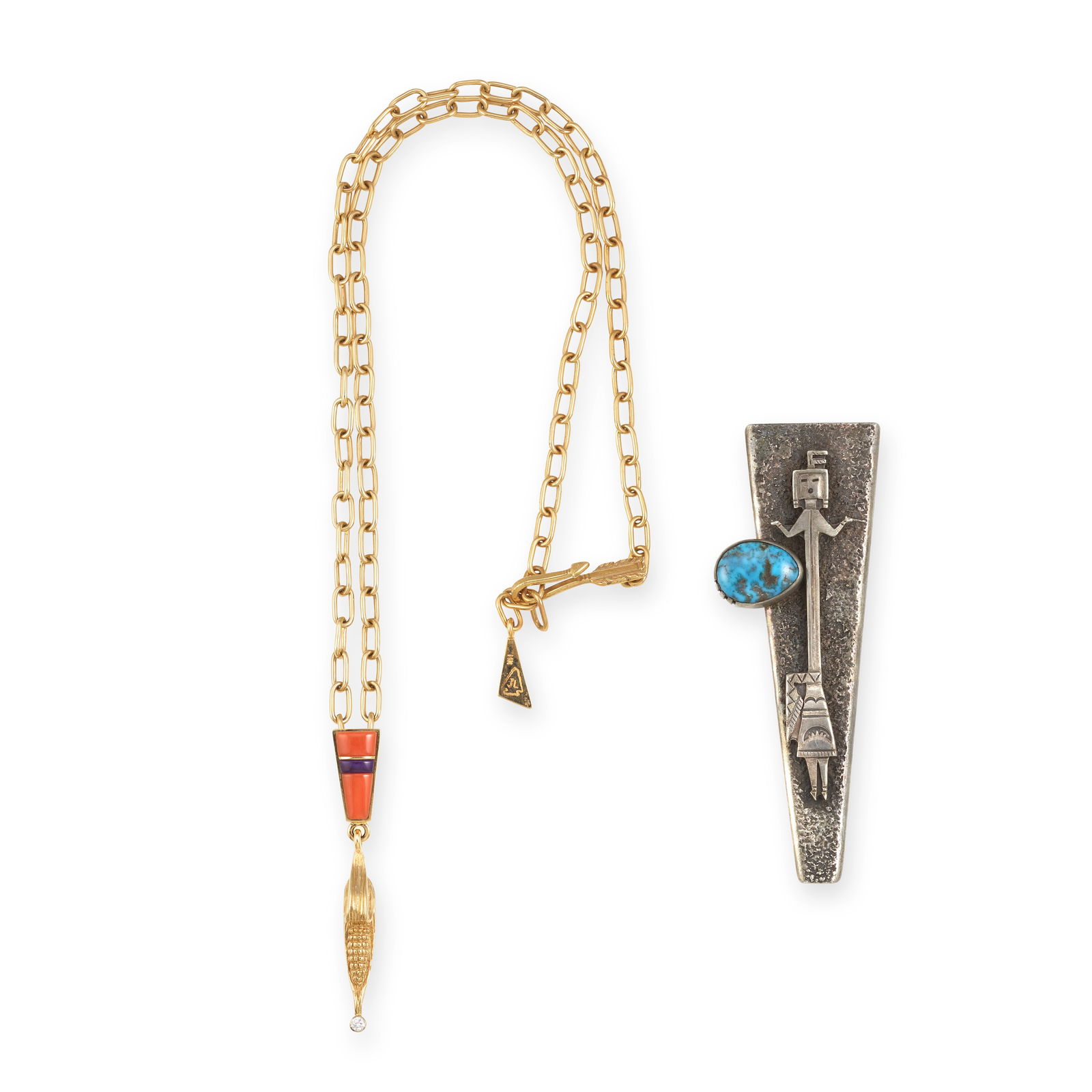 Two James Little jewelry items: James Little Diné (Navajo), (b. 1947), two jewelry items: a 14k gold necklace with corn-motif pendant set with coral, sugilite, and a single diamond accent; and a silver and turquoise Yei-motif p