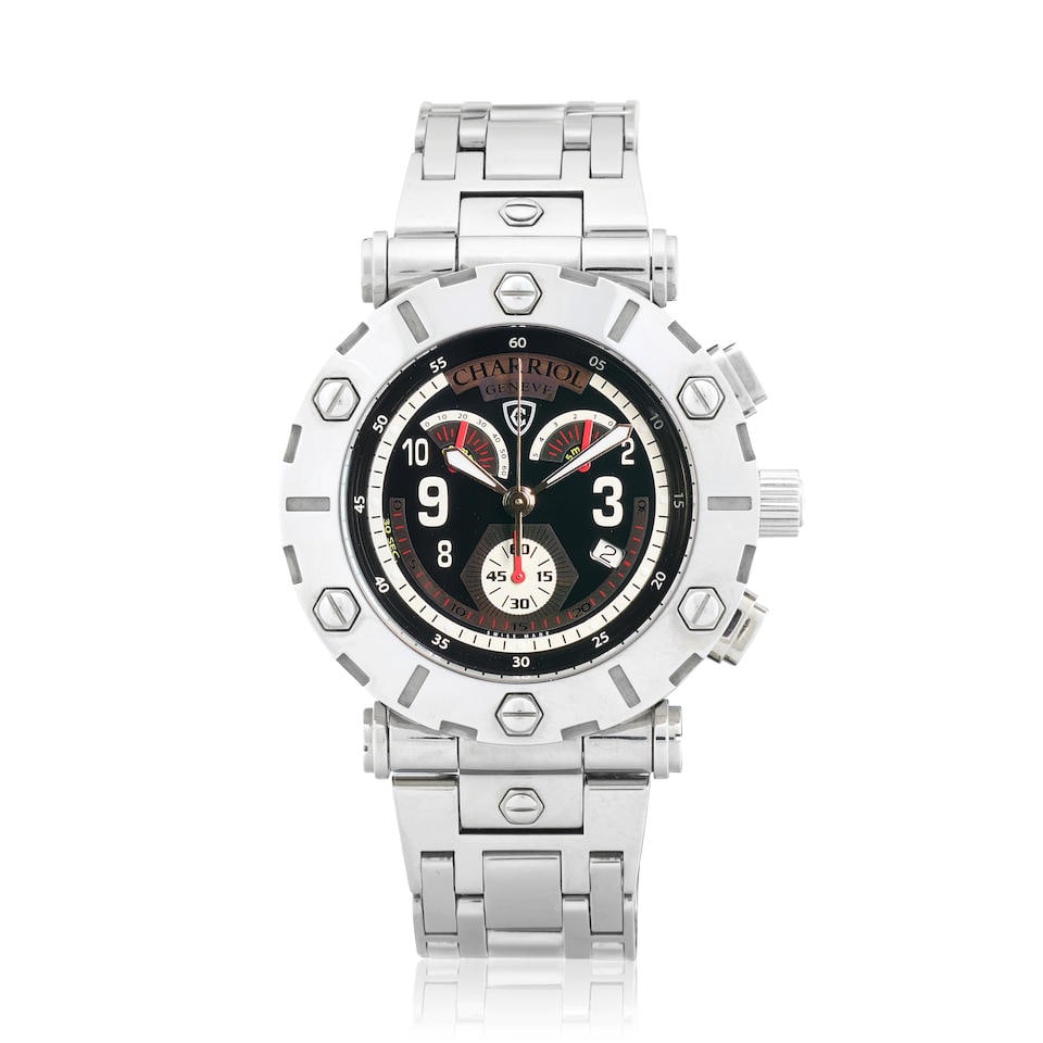 Charriol. A stainless steel quartz chronograph calendar bracelet watch Rotonde, Ref: RT42CR, Ci...: Charriol. A stainless steel quartz chronograph calendar bracelet watch Model: Rotonde Reference: RT42CR Date: Circa 2010 Movement: 6-jewel ETA Cal.G15.261 Dial: Black Case: Polished round, No.01328 St