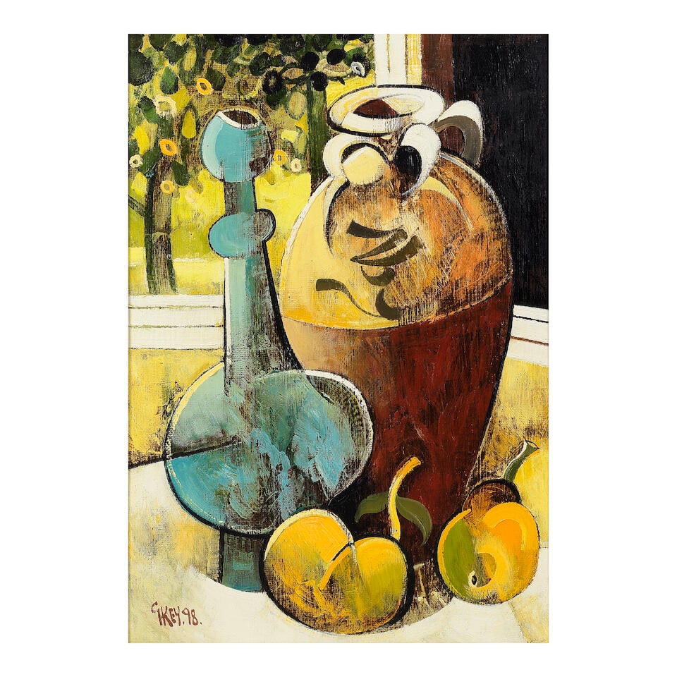 Geoffrey Key (British, born 1941) Chinese Vases II: Geoffrey Key (British, born 1941) Chinese Vases II signed and dated 'GKEY.98.' (lower left); further signed, titled and dated 'CHINESE VASES II/GKey.98.' (on tape attached to backboard) oil on board 4