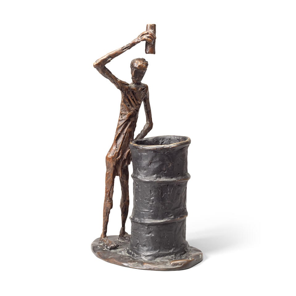 John Behan (Irish, born 1938) Refugee Washing from a Barrel 43cm (16 15/16in) high: John Behan (Irish, born 1938) Refugee Washing from a Barrel signed and dated 'Behan 2017' (to base) bronze with a brown patina 43cm (16 15/16in) high Footnotes: Provenance with Mullan Gallery, Belfast