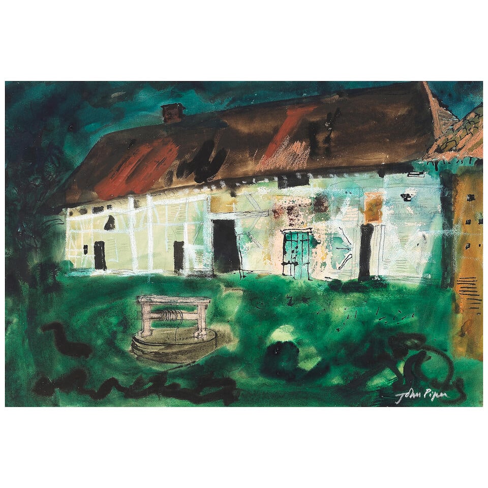 John Piper C.H. (British, 1903-1992) Farm in the Bresse: John Piper C.H. (British, 1903-1992) Farm in the Bresse signed 'John Piper' (lower right) watercolour, gouache, crayon, chalk, ink, pen and ink and pencil on paper 38 x 56.5cm (14 15/16 x 22 1/4in). F