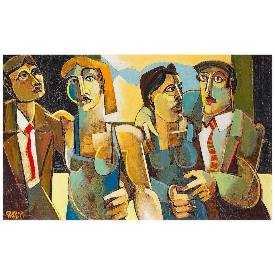 Geoffrey Key (British, born 1941) Revellers: Geoffrey Key (British, born 1941) Revellers signed and dated 'GKEY.99' (lower left); further signed, titled and dated 'REVELLERS. GKey. 99' (to frame verso) oil on panel 42 x 67cm (16 9/16 x 26 3/8in)