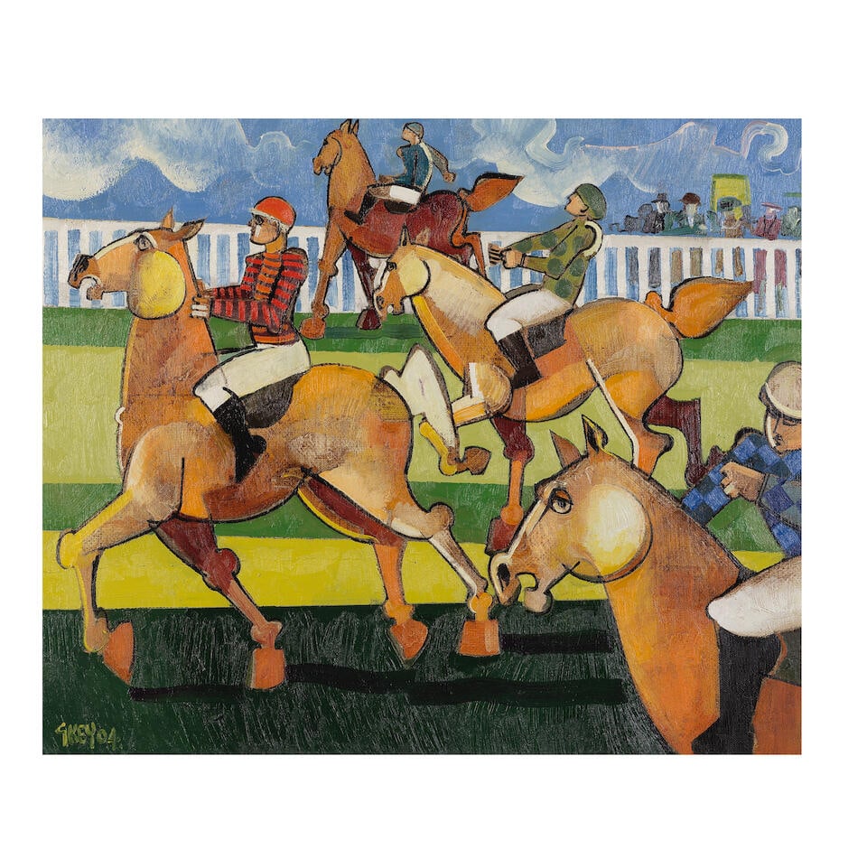 Geoffrey Key (British, born 1941) Race Day: Geoffrey Key (British, born 1941) Race Day signed and dated 'GKEY04.' (lower left); further signed, titled, dated and numbered 'RACE DAY/GKey 04./GK 1132.04' (on canvas verso), also signed, titled and