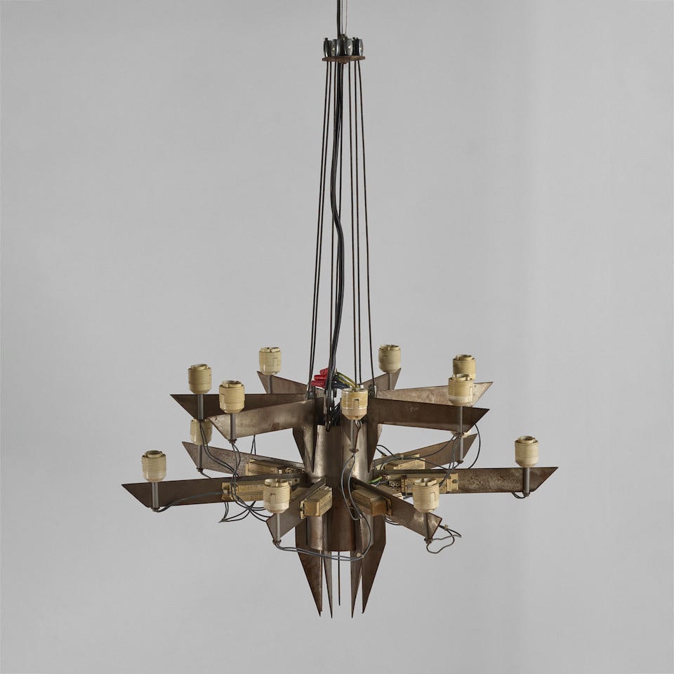 VOLKER ALBUS (BORN 1949) Rare 'Weaner Blut' Chandelier1987from the limited edition of 20 (one de...: VOLKER ALBUS (BORN 1949) Rare 'Weaner Blut' Chandelier 1987 from the limited edition of 20 (one destroyed), sheet steel, cable drop height 38in (97cm); width 26in (66cm) For further information on thi