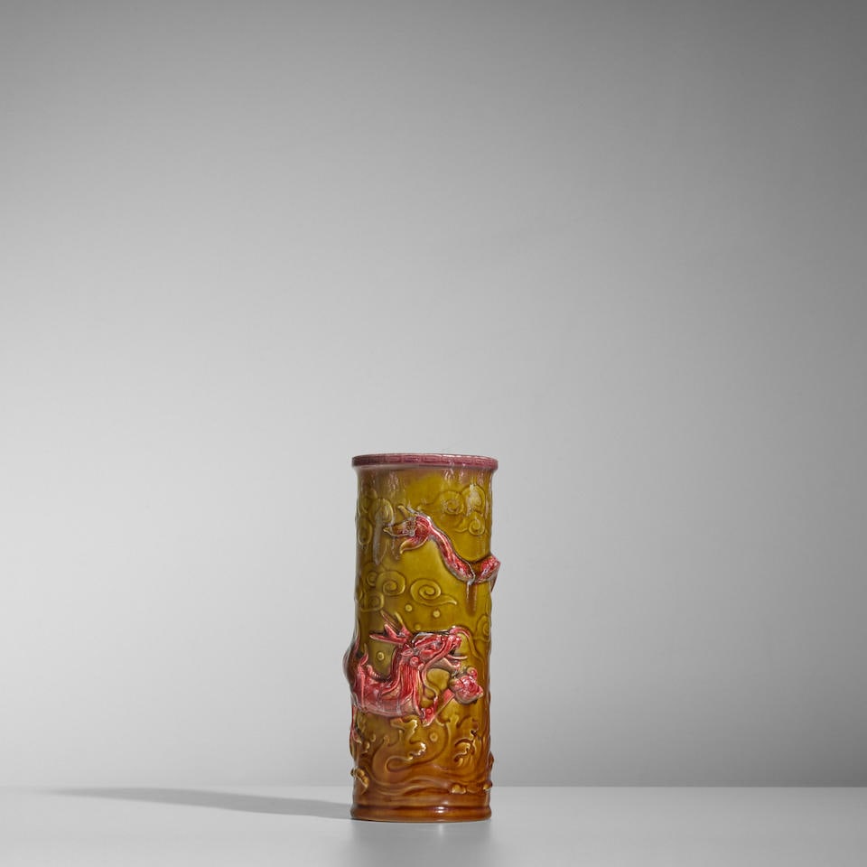 THÉODORE DECK (1823-1891) Vasecirca 1885majolica, impressed 'TH. Deck.' and possible date c...: THÉODORE DECK (1823-1891) Vase circa 1885 majolica, impressed 'TH. Deck.' and possible date cipher height 9 1/2in (24.1cm); diameter 3 7/8in (9.8cm) Lot to be sold without reserve. This lot is su