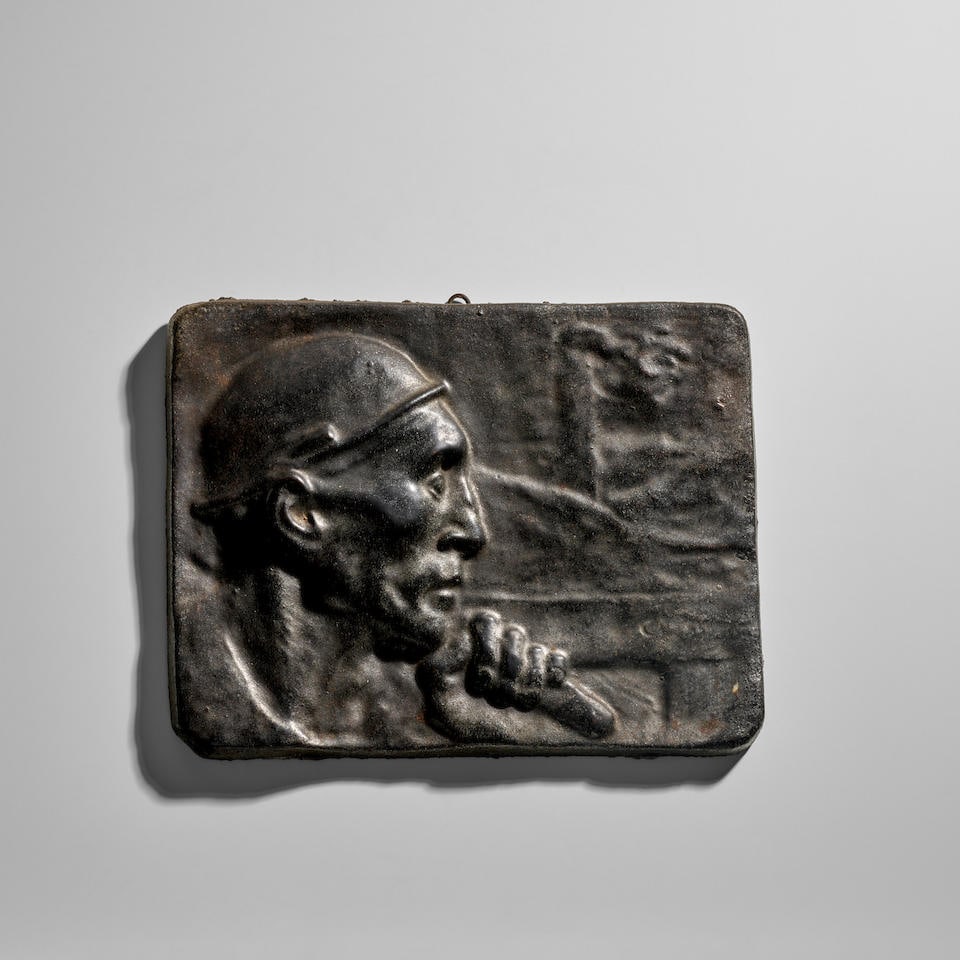 CONSTANTIN MEUNIER (1831-1905) 'Le Mineur' Plaquecirca 1904bas-relief in cast iron, stamped 'FAI...: CONSTANTIN MEUNIER (1831-1905) 'Le Mineur' Plaque circa 1904 bas-relief in cast iron, stamped 'FAIENCERIE / Carreaux en Faïence / H. BAUDOUX - rue Bara - BRUXELLES' and 'AVEC LES HOMMAGES d'EDOUA