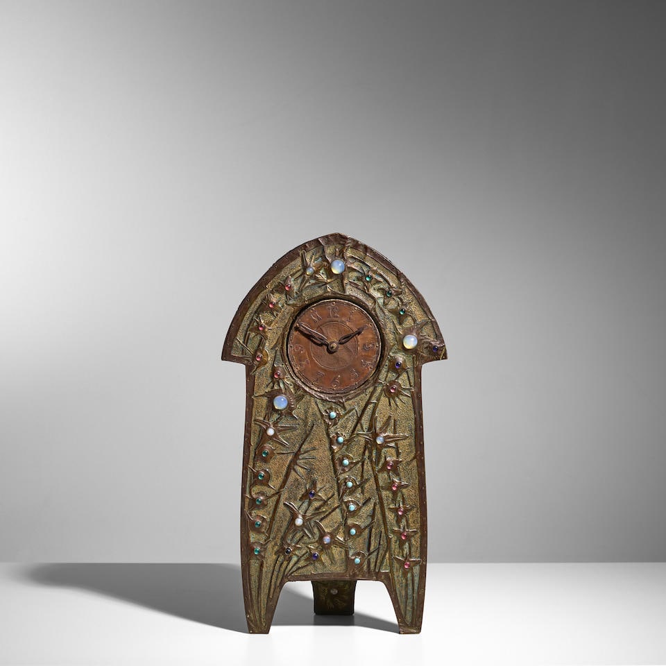 ALFRED DAGUET (1875-1942) Mantel Clock1902for Siegfried Bing/L'Art Nouveau, copper, brass, glass...: ALFRED DAGUET (1875-1942) Mantel Clock 1902 for Siegfried Bing/L'Art Nouveau, copper, brass, glass, oak, molded mark 'ALF. DAGUET 02' and 'SUIVRES S. BING' height 16in (40.6cm); width 9in (22.9cm); de