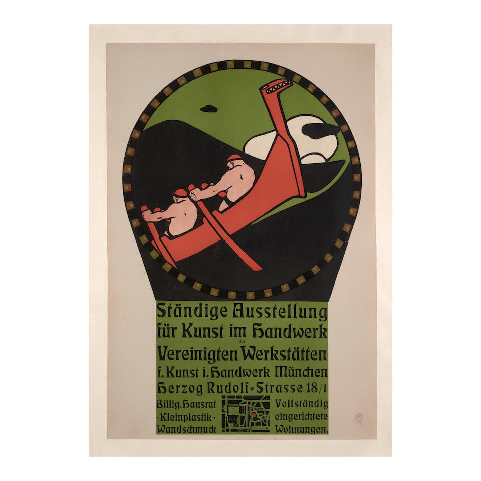 BRUNO PAUL (1874-1968); Ständige Ausstellung für Kunst im Handwerk;: BRUNO PAUL (1874-1968) Ständige Ausstellung für Kunst im Handwerk, 1904 Lithographic poster in colors on wove paper linen-backed, printed by Meisenbadt Riffarth & Co., Munich, with margins.