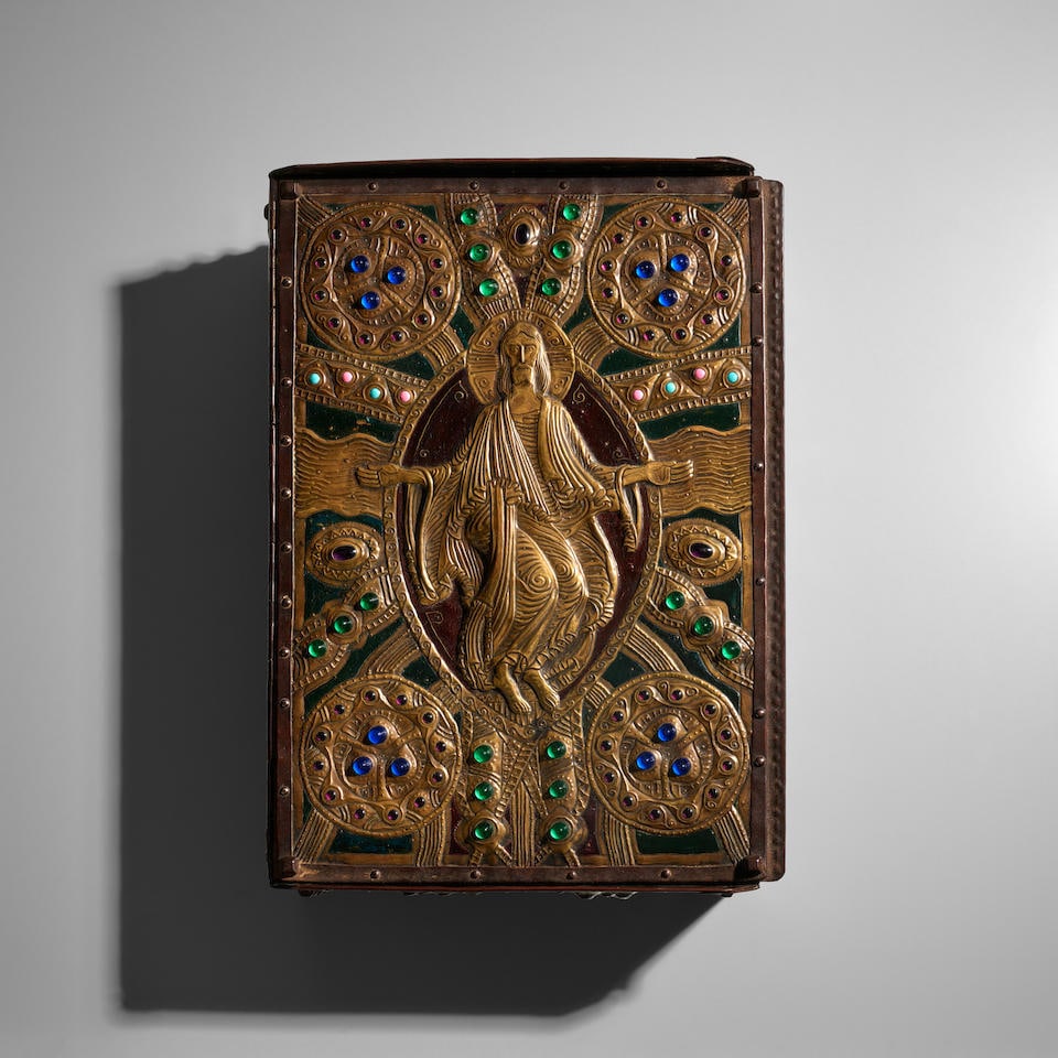 ALFRED DAGUET (1875-1942) Large Jewelry Casketcirca 1905 repousse and cold-painted copper, appli...: ALFRED DAGUET (1875-1942) Large Jewelry Casket circa 1905 repousse and cold-painted copper, applied with polychrome glass cabochons height 9in (23cm); width 4 3/4in (12cm); depth 2 3/4 in (7cm) Footno