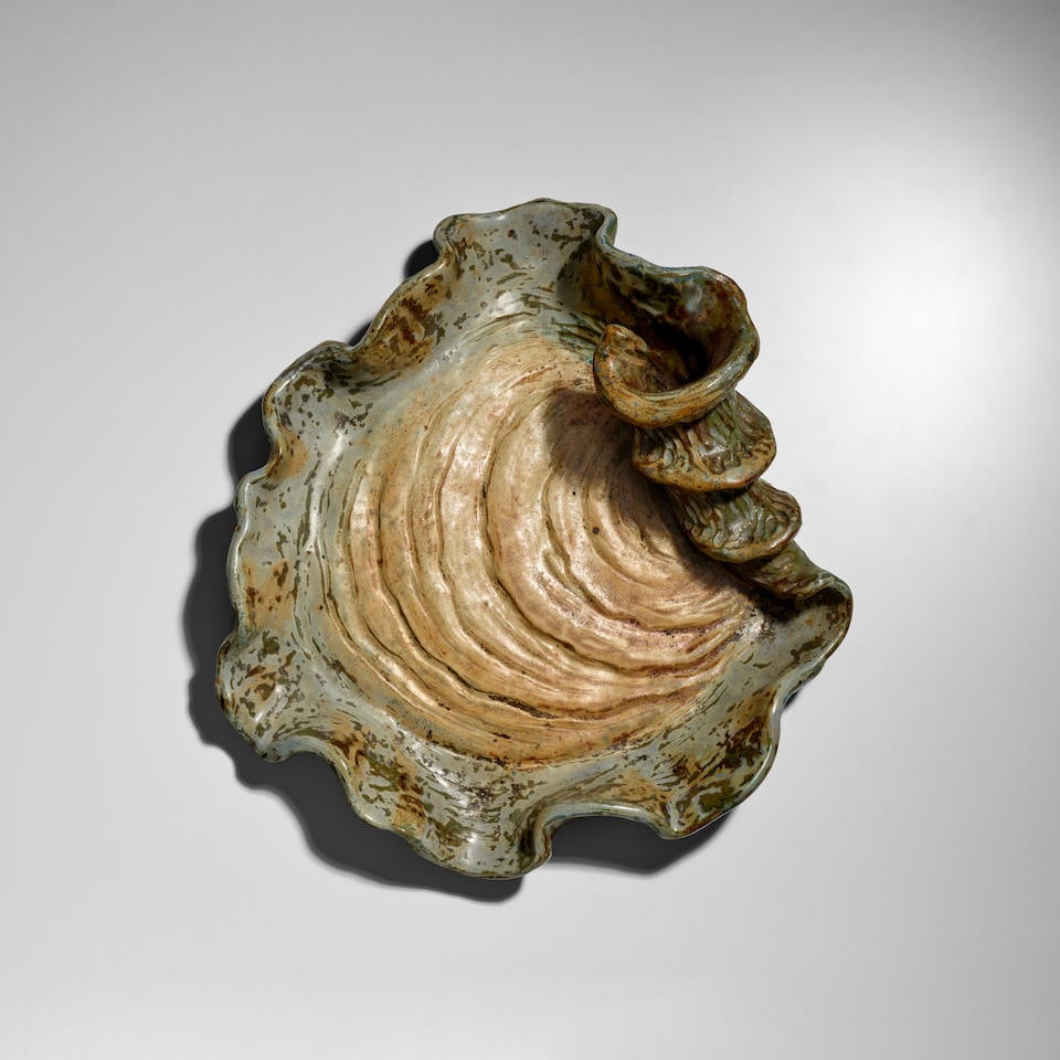 THEO PERROT (1856-1942) 'Sea-form' Dishcirca 1900glazed stoneware, incised 'Theo Perrot' and '6 ...: THEO PERROT (1856-1942) 'Sea-form' Dish circa 1900 glazed stoneware, incised 'Theo Perrot' and '6 x1' height 3 1/2in (9cm); width 9 1/4in (23.5cm); depth 10 1/4in (26cm) Lot to be sold without reserve