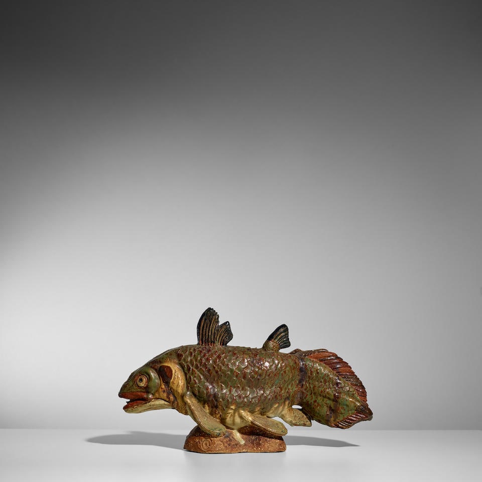 TYRA LUNDGREN (1897-1979) Fish Sculpturecirca 1940for Gustavsberg, glazed stoneware, impressed s...: TYRA LUNDGREN (1897-1979) Fish Sculpture circa 1940 for Gustavsberg, glazed stoneware, impressed seal for Tyra Lundgren and Gustavsberg height 10 1/2in (27cm); width 18in (46cm) Lot to be sold without