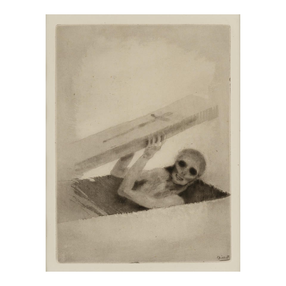 EDUOARD CHIMOT (1890-1930); One plate, from L'Enfer;: EDUOARD CHIMOT (1890-1930) One plate, from L'Enfer, 1921 Etching with aquatint on wove paper, from the bound book edition of 442, published by Albin Michel, Paris, with wide margins, framed. 8 5/8 x 1