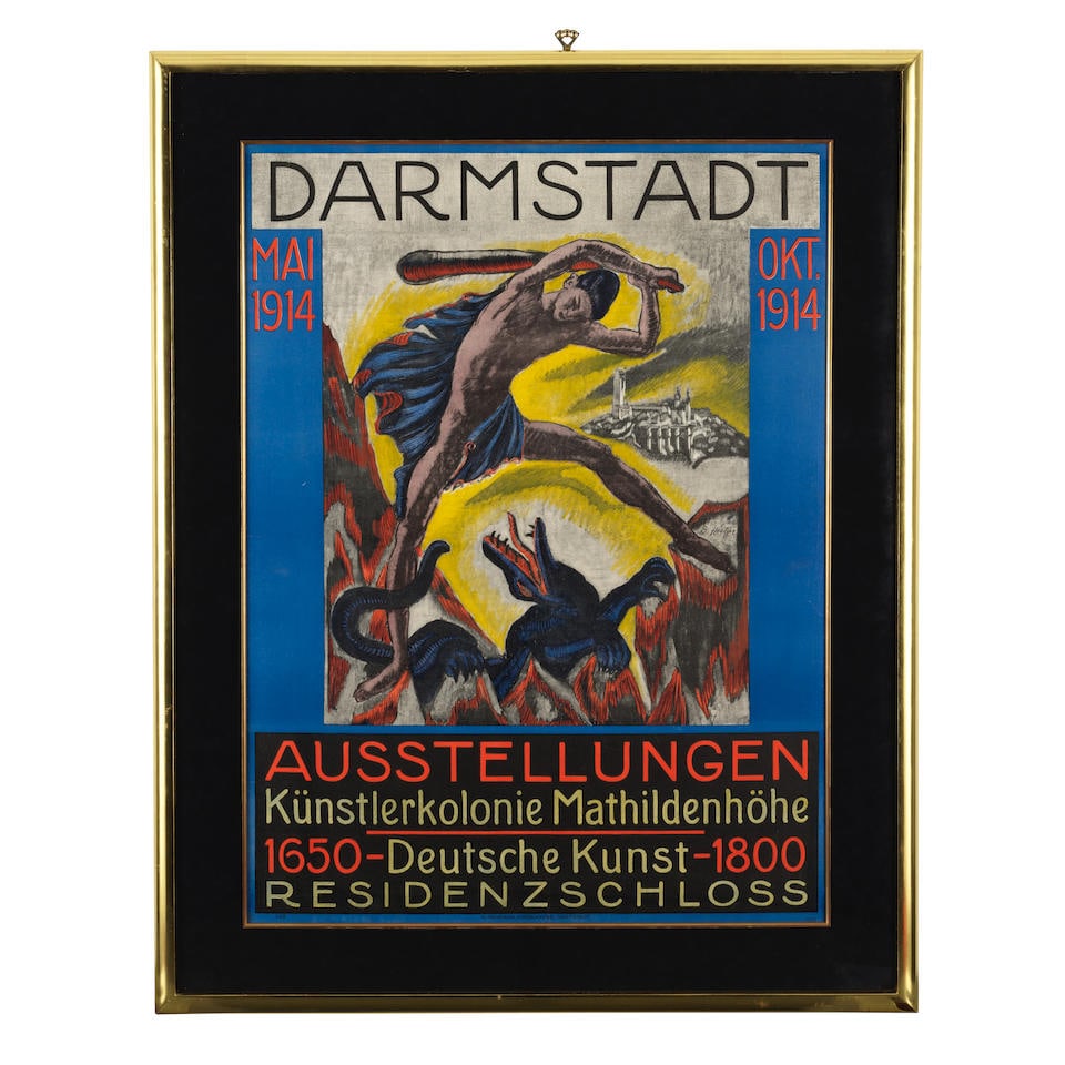 BERNHARD HOETGER (1874-1949); Darmstadt Ausstellungen;: BERNHARD HOETGER (1874-1949) Darmstadt Ausstellungen, 1914 Lithographic poster in colors on wove paper, printed by H. Hohmann, Darmstadt, Germany, framed. sheet 42 x 31 1/2in (106.7 x 80cm) Lot to be