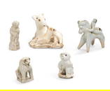 FOUR MINIATURE GLAZED MODELS OF ANIMALS AND A RUSSET AND PALE GREEN-GLAZED EQUESTRIAN FIGURE Son...
